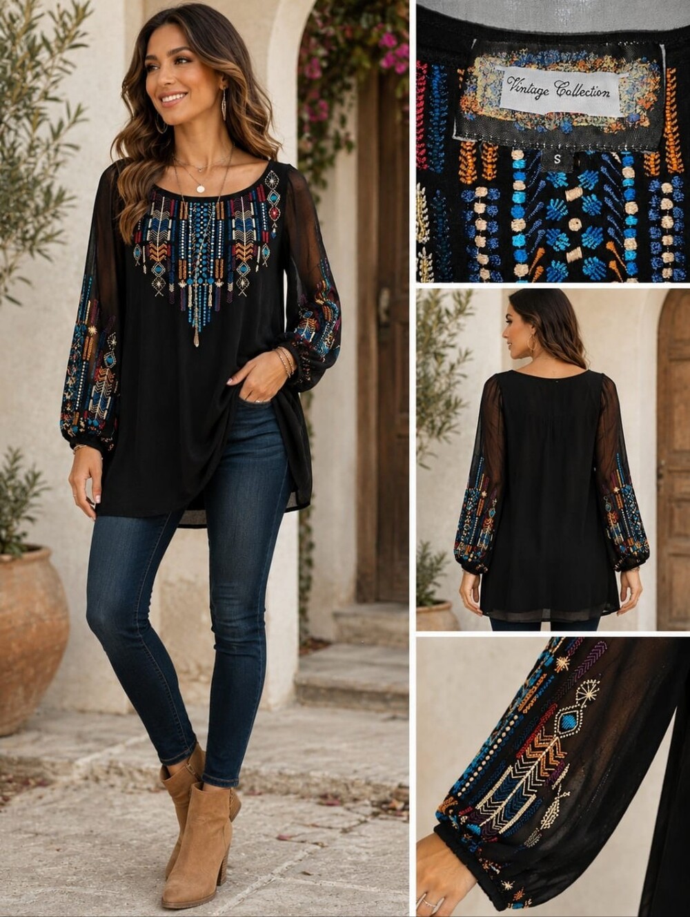 Black Embroidered Boho Tunic.size S. Bohemian. Artizan.  Relaxed. Balloon Sleeve